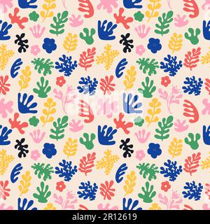 Groovy disegno astratto senza cuciture. Silhouette Matisse casualmente in forme organiche in stile retrò 60s 70s alla moda Illustrazione Vettoriale