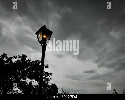 Foto di una lampada del periodo vittoriano retrò posta in nero contro gli alberi. Foto Stock