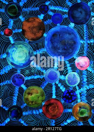 Doodle metallizzato astratto e psichedelico con sfondo bleu. La tecnica di dabbing vicino ai bordi dà un effetto di messa a fuoco molle dovuto la surfa alterata Foto Stock