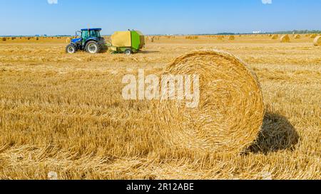 Vista dall'alto balla rotonda di paglia dopo la mietitura, in background il trattore tira rotopressa, una macchina che arrotola la paglia e spezza una imballata a. Foto Stock