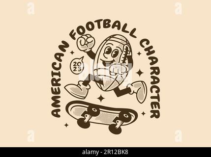 Mascotte vintage design del pallone da calcio americano che salta su skate board Illustrazione Vettoriale