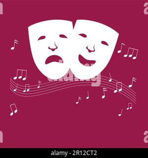 Semplice grafica di un volto triste e felice con notazioni musicali Illustrazione Vettoriale