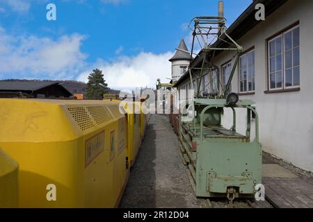 Ferrovia dei minatori, edifici minerari di Rammelsberg, Goslar, Harz, bassa Sassonia, Germania Foto Stock