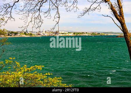 Dal Mount Edgcumbe Country Park, Cornwall, Inghilterra, Regno Unito, si affaccia sul fiume Tamar verso il lungomare di Plymouth e Drake's Island Foto Stock