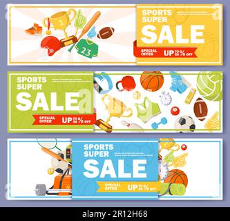 Set di modelli per banner intestazione sito Web di vendita sportiva Illustrazione Vettoriale