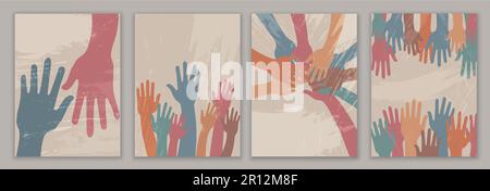 Gruppo di mani rialzate e mani in cerchio di persone cultura diversa - banner poster. Equality.People razziale diversità community.Creative modello di progettazione Illustrazione Vettoriale