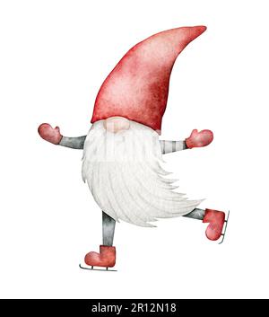 Gnome tradizionale nordico in un cappello rosso pattinaggio. Divertente Capodanno e Natale Troll scandinavo, nano. Illustrazione di acquerello disegnata a mano per Foto Stock