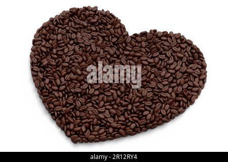 I chicchi di caffè arrostiti si diffondono come fondo a forma di cuore. 3d rendering del concetto di cibo e bevande da asporto Foto Stock