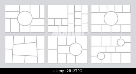 Cornici per collage a mosaico fotografico, griglia per immagini e moodboard di montaggio, sfondo vettoriale. Cornice per mosaico fotografico collage o modello per scheda fotomontaggio con pi Illustrazione Vettoriale