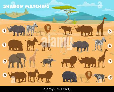 Gioco di corrispondenza ombra. Animali safari della savana africana. Silhouette trova gioco per bambini, puzzle di ricerca di similarità o quiz di corrispondenza ombra con rinoceronte, zebra, lio Illustrazione Vettoriale