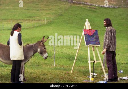 Brasov County, Romania, circa 1999. Giovane pittore che lavora su una tela in aria pura, con la sua amica in piedi accanto a un asino della fattoria. Foto Stock