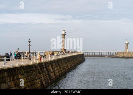 Whitby Pier, popolare tra i turisti che visitano la città di Whitby, North Yorkshire, Regno Unito. Foto Stock