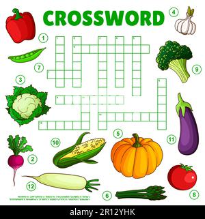 Verdure crude dell'azienda agricola su foglio di lavoro della griglia a parole incrociate. Trova un gioco di quiz di parole, test di vocabolario bambini prescolare o puzzle bambini vettore modello di pagina libro. Illustrazione Vettoriale