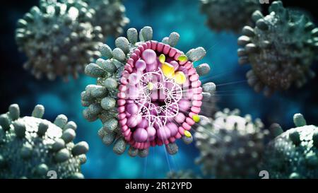 Dettaglio strutturale del virus di epatite B su blu-verde dello sfondo. 3D'illustrazione. Foto Stock