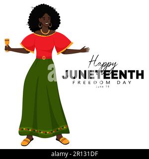 Buon Giunetseesimo. Una donna carina con pelle scura e capelli ricci neri in un abito tiene In mano Un bicchiere di vino. African-American Freedom Day. Vettore piatto Illustrazione Vettoriale