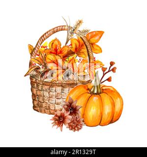 Acquerello foglie autunnali disegnate a mano e composizione di zucche. Illustrazione di autunno. Perfetto per scrapbooking, design per bambini, inviti alle nozze, poste Foto Stock