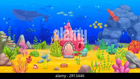 Cartone animato barriera corallina casa, gioco livello subacquea paesaggio. Vita acquatica subacquea paesaggio sfondo, acqua di mare scenario mondo o livello di gioco sfondo con animali barriera corallina e la dimora fantasy Illustrazione Vettoriale