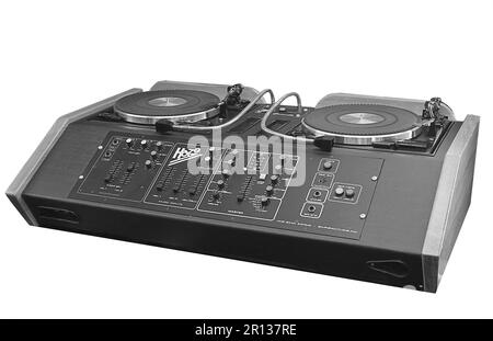 Haze,DJ,Console disco,Twin Decks,Discoteca,Mobile disco,Archivio,circa 1980s,Foto di BaxWalker Foto Stock