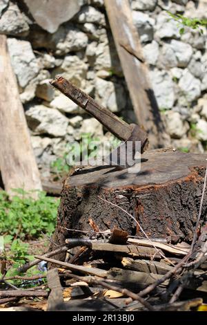 Una vecchia ascia si è incastrata in un moncone. Metodo antico tenuto a mano di stabbing legno con una ascia di ferro, scena del villaggio. Concentrati su ascia e briciole Foto Stock