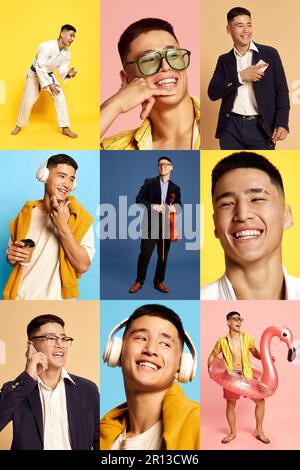 Collage fatto di immagini di giovane ragazzo sorridente bello, uomo in diversi abiti di moda facendo diverse attività su sfondi multicolore Foto Stock