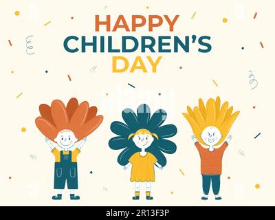 Felice giorno dei bambini. Banner World Children's Day. Cartoon vettoriale con ragazzo e ragazza in forma di fiori. I bambini sono i fiori della vita. Illustrazione Vettoriale