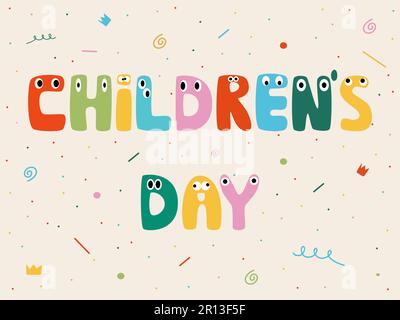 Biglietto d'auguri per il giorno dei bambini. Lettere colorate. Banner World Children's Day. Fumetto vettoriale. Illustrazione Vettoriale