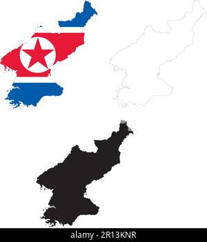 Mappa Corea del Nord su sfondo bianco. Schema della mappa della Corea del Nord. Mappa vettoriale della Corea del Nord con la bandiera all'interno. Foto Stock