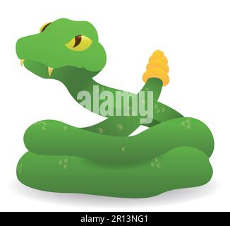 Serpente verde e carino con sonaglino dorato, in stile sfumato su sfondo bianco. Illustrazione Vettoriale