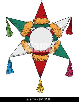 Pinata isolata con tradizionale forma a stella e colori messicani in stile disegnato a mano e colori piatti. Illustrazione Vettoriale