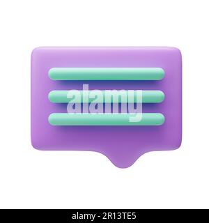 3d messaggio isolato su sfondo bianco. Chat in plastica stilizzata con testo. Simbolo a bolla vocale viola volumetrico. Icona della finestra di dialogo notifica realistica. Così Illustrazione Vettoriale