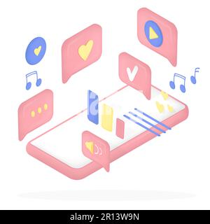 3D vettore minimal analytics telefono cellulare rosa Illustrazione Vettoriale