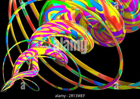 Design unico a spirale, arcobaleno e multicolore. Sfondo nero con una forma dai colori vivaci in primo piano. Foto Stock