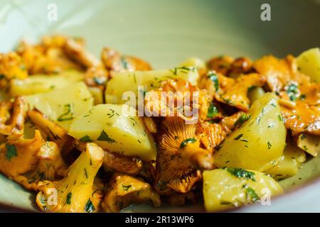 Primo piano di finferli fritti freschi con patate rovesciate e prezzemolo e aneto per pranzo. Piatto vegetariano a base di prodotti locali di stagione. Foto Stock