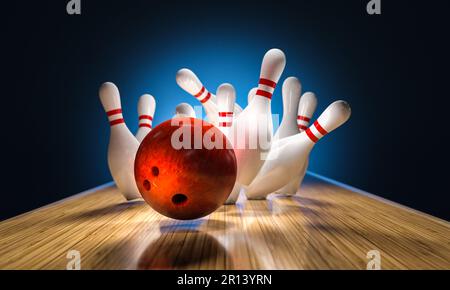 la palla da bowling colpisce i perni che cadono sulla pista, rendering 3d Foto Stock