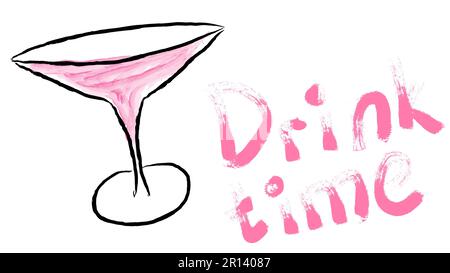 Ampio bicchiere da cocktail nero, margarita sulla gamba con cocktail acquerello rosa disegnato a mano e bellissimo tempo di scrittura bevanda dipinta con vernice rosa su bianco Illustrazione Vettoriale