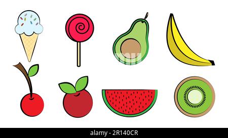 Grande set di deliziosi dolci e prelibatezze, fast food, gelati, frutti di bosco e frutti, kifi dolci, anguria, avocado per l'uso come icona, lo Illustrazione Vettoriale