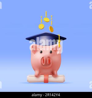 3D Banca Piggy con tappo di laurea, diploma, monete Illustrazione Vettoriale