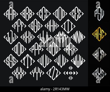 Square Diamond Monogram 3 caratteri alfabetici per logotipo, loghi, ricami, collane, gioielli o abbreviazioni di nomi Illustrazione Vettoriale