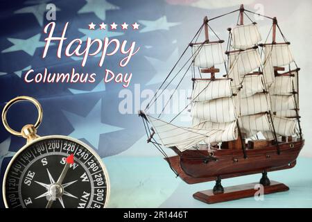 Buon giorno di Columbus. Bella nave modello, bussola e bandiera americana Foto Stock