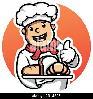 Cartoon Chef che tiene un vassoio di baguitte, pane bianco, croissant e dare un pollice su logo carattere mascotte illustrazione vettore Illustrazione Vettoriale