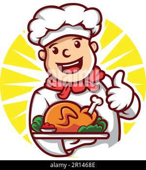 Cartoon Chef in possesso di un vassoio di pollo arrosto e dare un pollice su logo personaggio mascotte illustrazione vettore Illustrazione Vettoriale