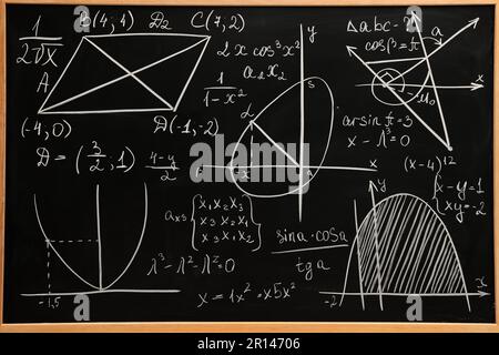 Diverse formule matematiche scritte con il gesso sulla lavagna Foto Stock