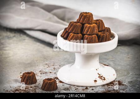 Praline al cioccolato in forma di piccole torte Bundt, spolverate con cacao, su fondo grigio chiaro Foto Stock