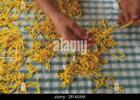 Focalizzazione selettiva sulla pasta, pasta italiana fatta in casa, mani di una persona che prepara pasta fresca Foto Stock