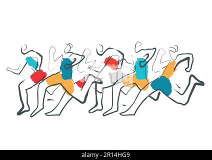 Corsa, maratona, jogging, espressivo stilizzato. Illustrazione dei piloti da corsa. Imitazione del disegno a inchiostro. Isolato su sfondo bianco. Illustrazione Vettoriale
