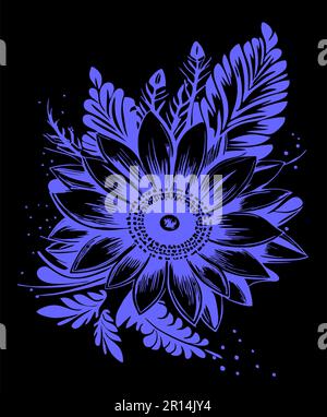 disegno di contorno grafico blu di un bouquet di fiori su sfondo nero, disegno Foto Stock