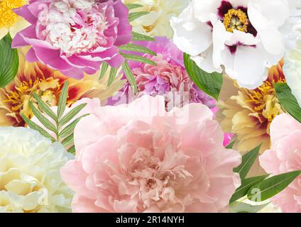 Sfondo con fiori e foglie per la decorazione festiva. Un collage di fiori diversi. Foto Stock