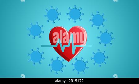 Cuore rosso con un cardiogramma a impulsi e una pericolosa mortale infezione coronavirus malattia covid-19 pandemia molecola di virus su uno sfondo blu. Illustrazione Vettoriale