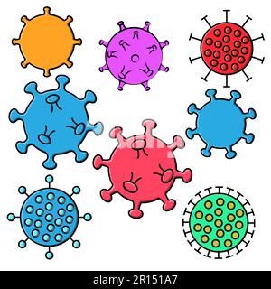 Set di icone colorate di virus medici microbi pericoloso mortale ceppo covid-19 coronavirus epidemia pandemia malattia. Illustrazione vettoriale. Illustrazione Vettoriale