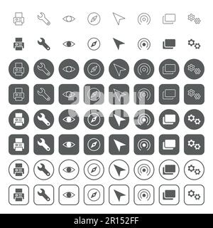 Icone dell'interfaccia utente Web. il set di icone contiene icone quali fax, chiave, occhiello, bussola, freccia di posizione, trasmissione radio, copia, ingranaggi. Illustrazione Vettoriale